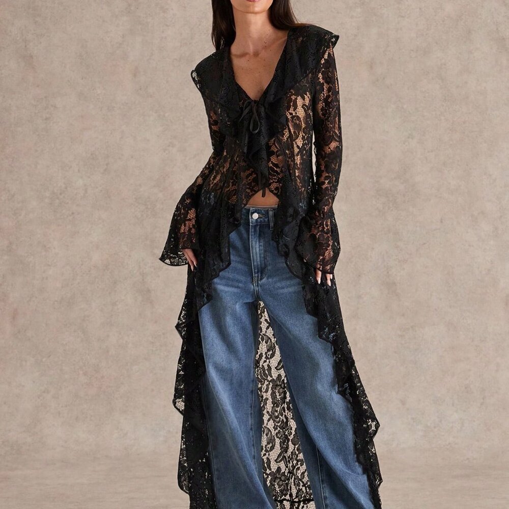 Black Elegant Women's Romantic Ruffled Lace Top Coat